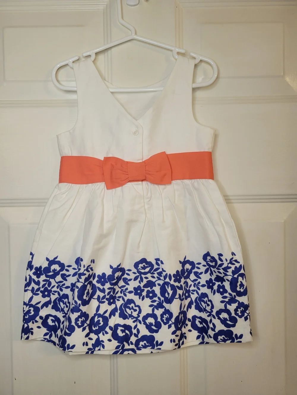 Janie and Jack White Dress with Blue Floral Border and Coral Waistband